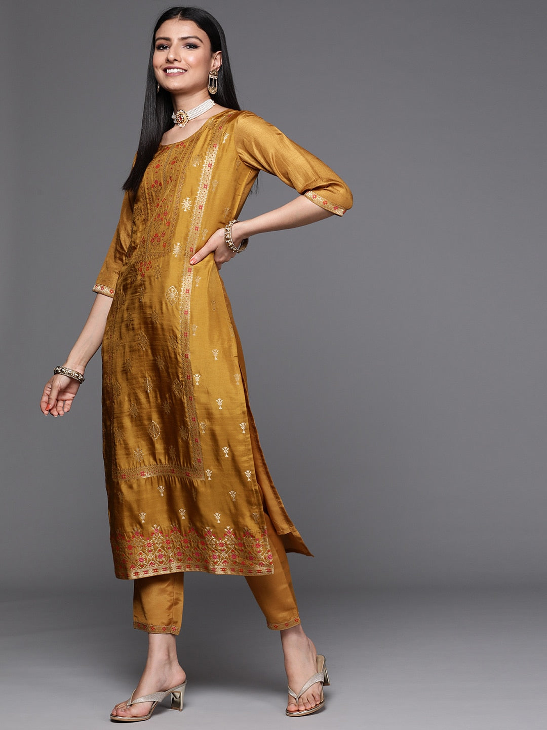 Libas Women Mustard Yellow & Gold Zari Woven Design Straight Kurta Trousers & With Dupatta - Distacart