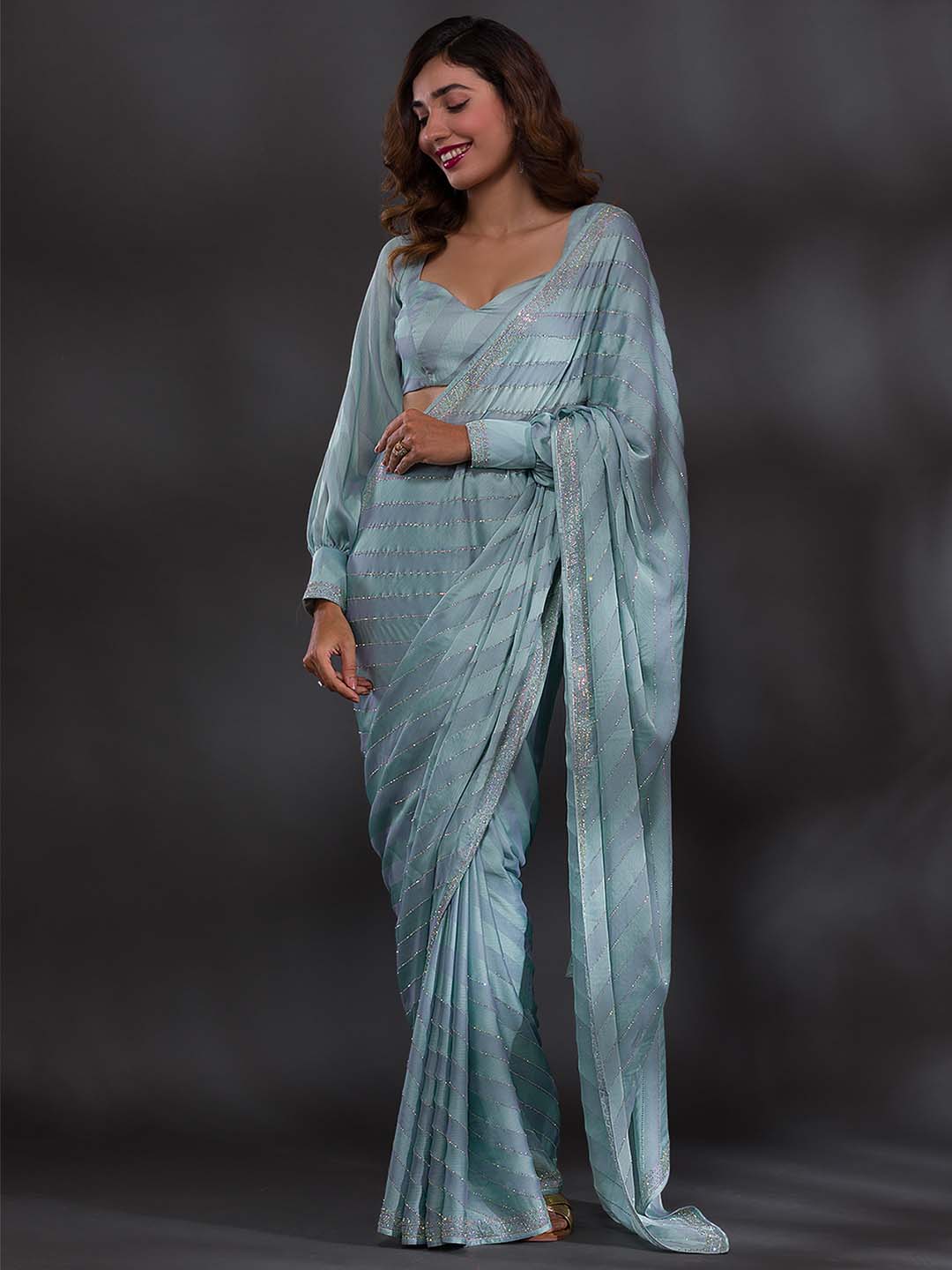 Koskii Lavender Embellished Beads and Stones Poly Crepe Saree - Distacart