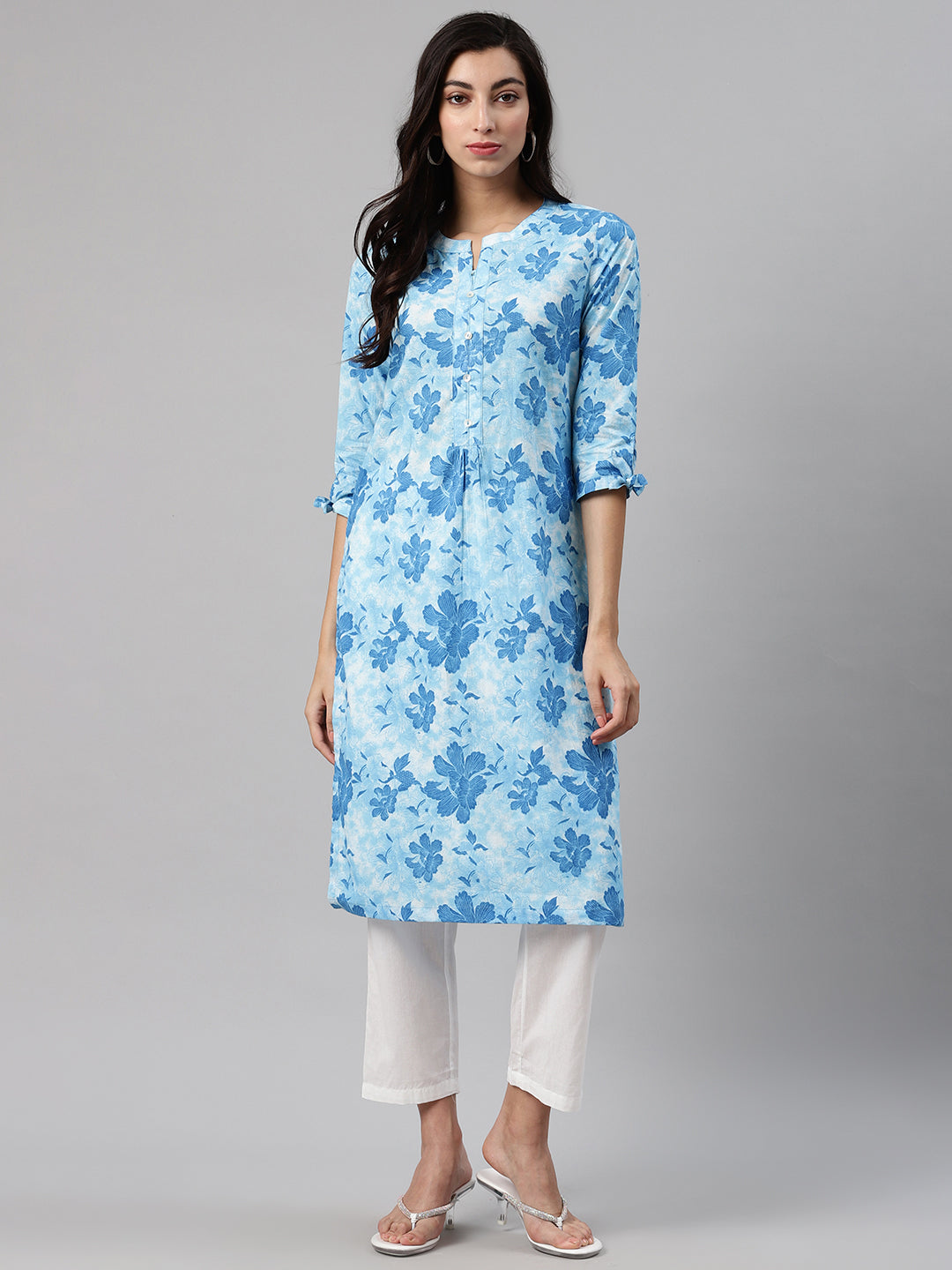 Biba Women Blue & White Printed Kurta with Trousers - Distacart