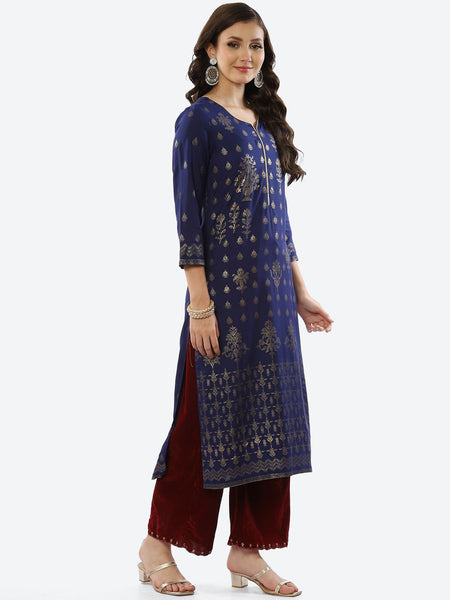 Biba Women Blue Ethnic Motifs Printed Rayon Kurta - Distacart
