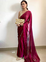 Thumbnail for Mitera Magenta & Gold-Toned Embroidered Silk Blend Saree - Distacart