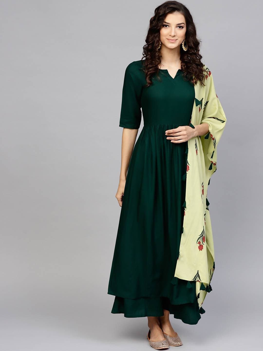 A-Line solid Green Kurta, Palazzo, Stole Set (CH043K)