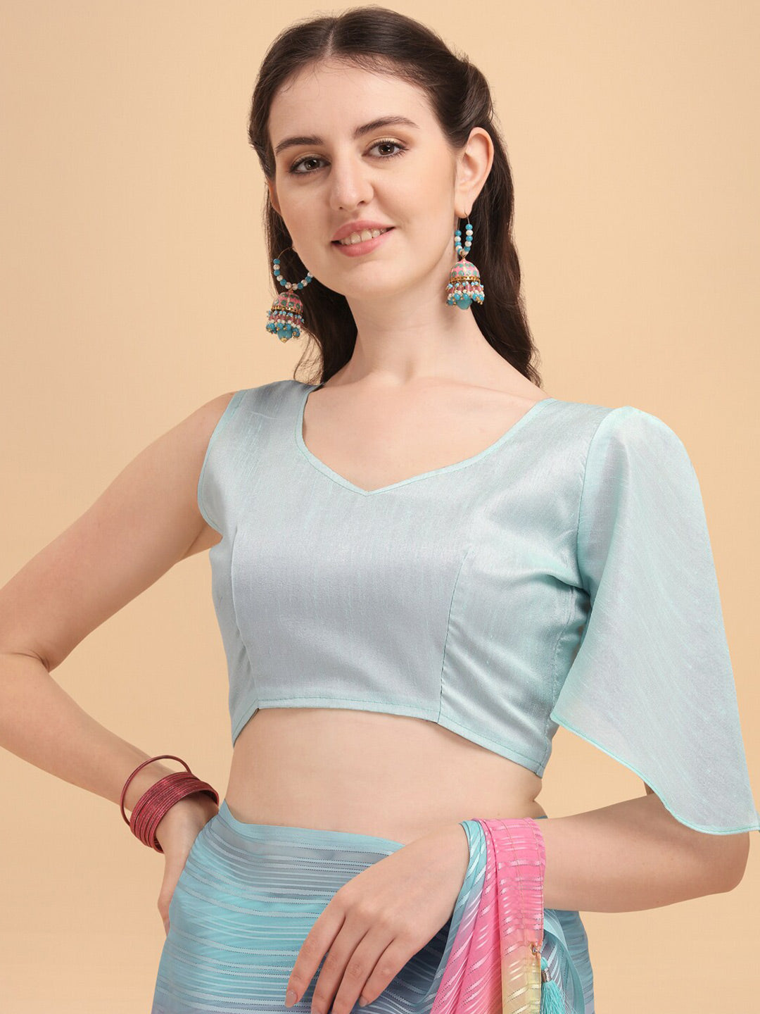 Sangria Blue & Pink Georgette Striped Zari Work Saree - Distacart
