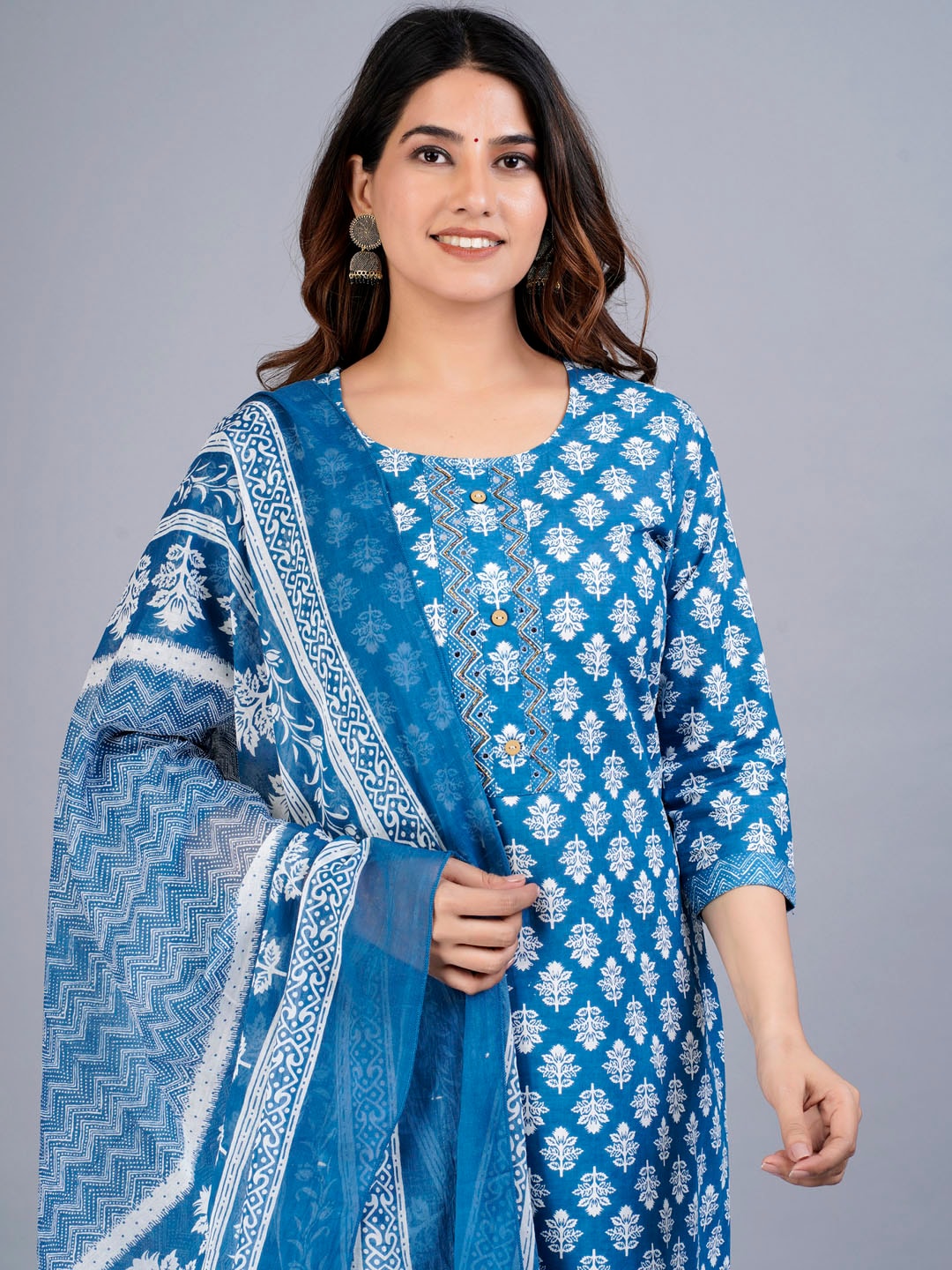 Kalini Floral Printed Beads and Stones Pure Cotton Kurta with Trousers & Dupatta - Distacart