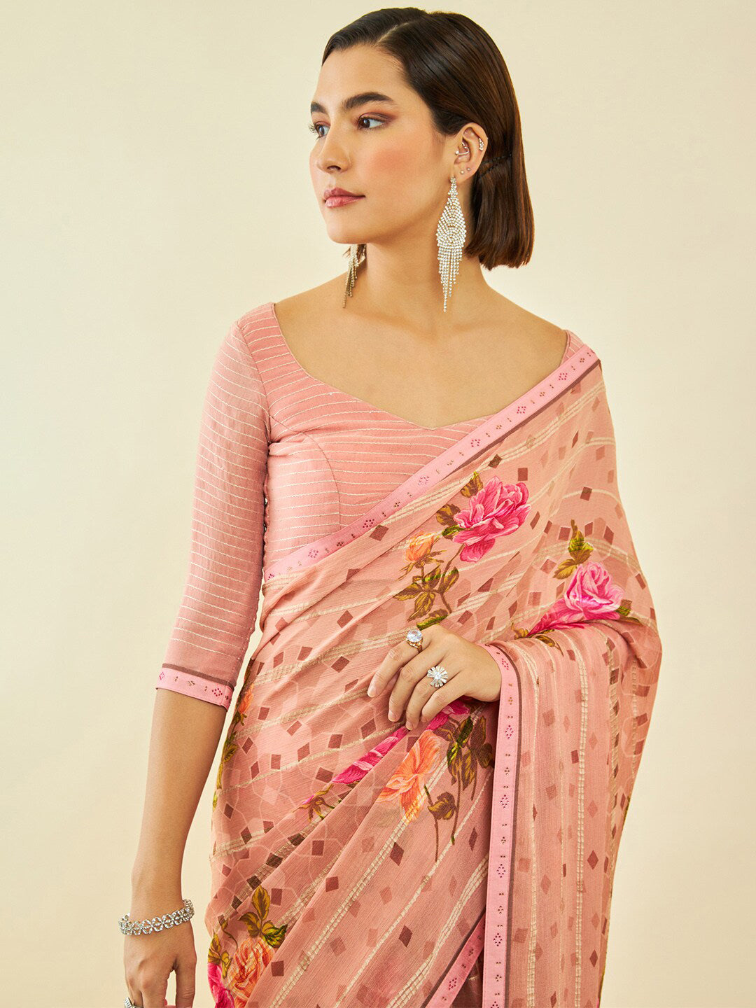 Soch Peach-Coloured Floral Printed Beads and Stones Saree - Distacart