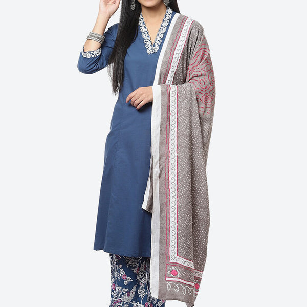 Biba Floral Thread Work Kurta with Palazzos & With Dupatta - Distacart