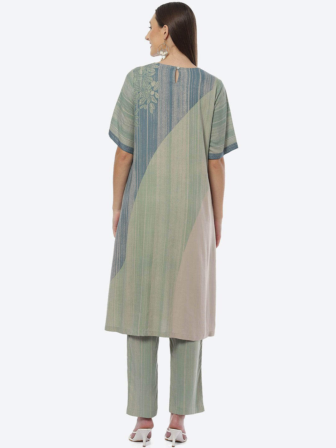 Biba Women Blue & Green Striped Kurta with Trousers - Distacart