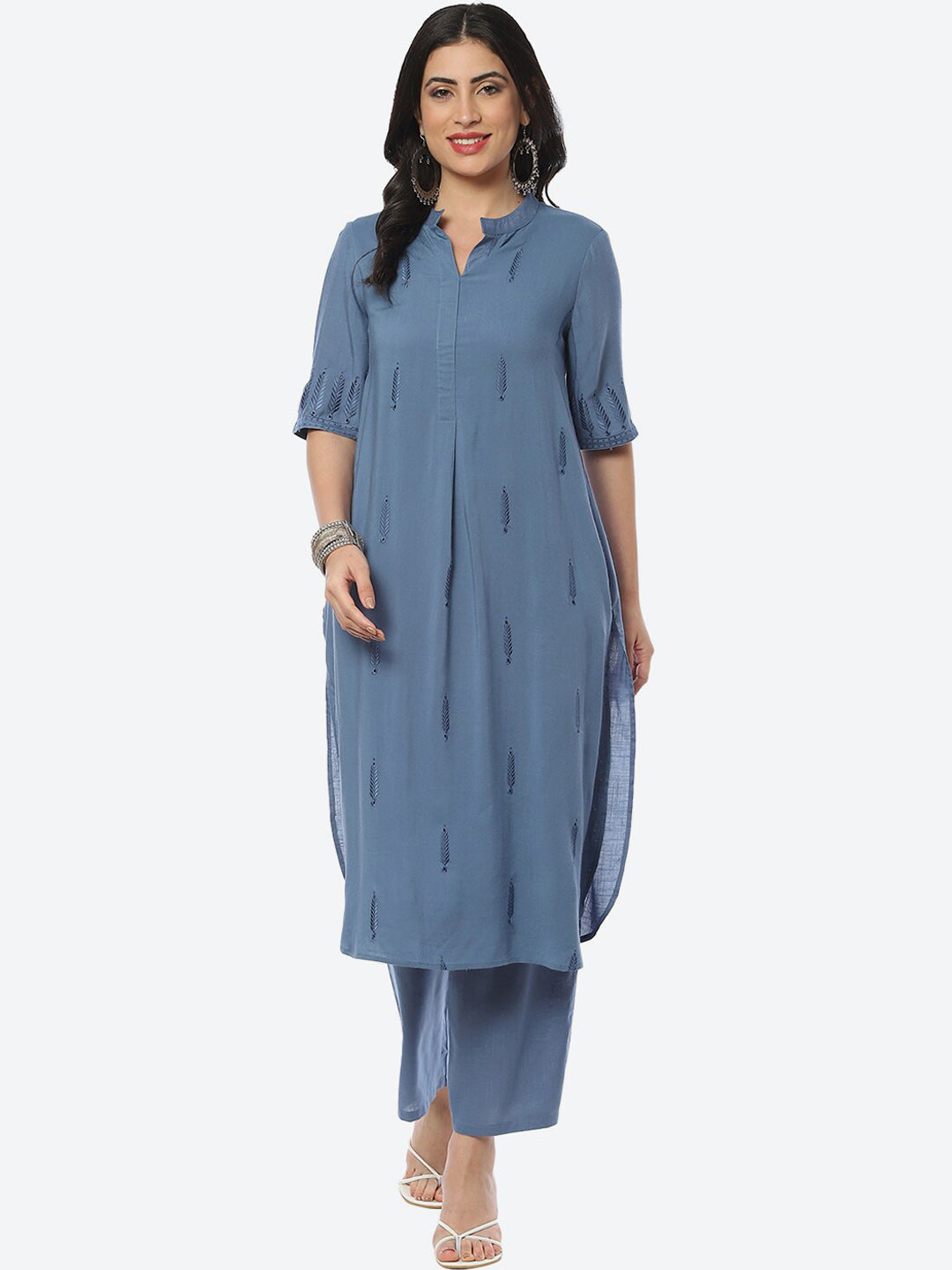 Biba Women Embroidered Band Collar Straight Kurta with Palazzos - Distacart