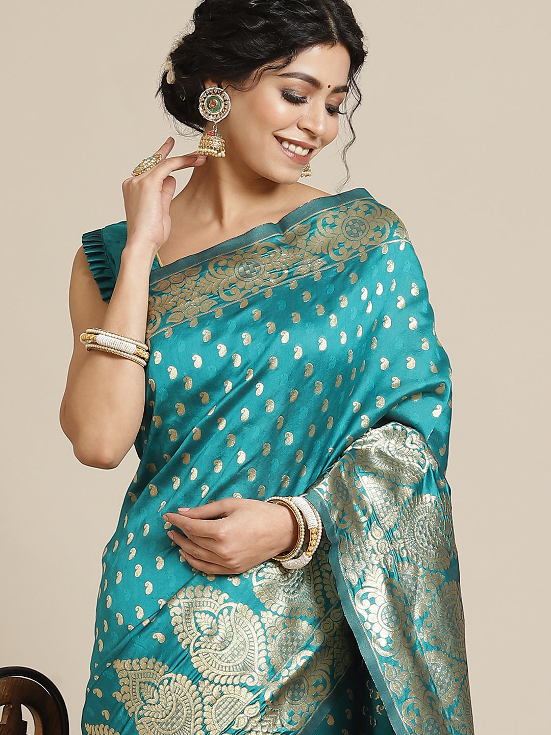 Mitera Turquoise Blue Ethnic Motifs Zari Silk Blend Kanjeevaram Saree - Distacart