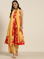 Thumbnail for Sangria Women Red & Yellow Quirky Printed Kurta with Palazzos & Dupatta - Distacart