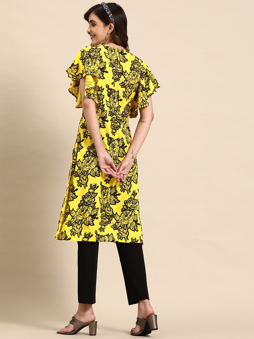 Sangria Floral Print Flutter Sleeves Kurta - Distacart