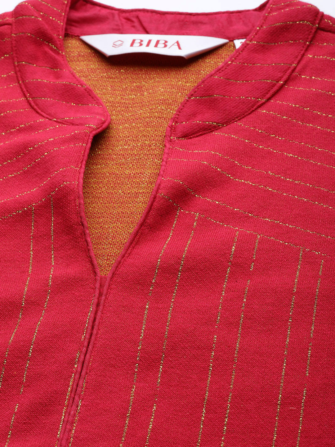 Biba Women Pink & Golden Striped Winter Kurta - Distacart