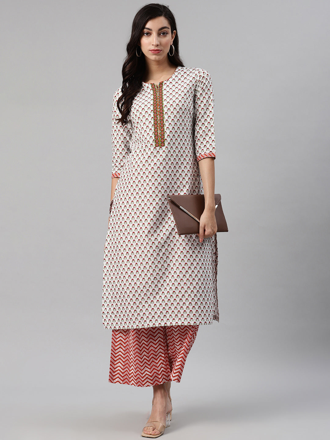 Biba Women White & Maroon Printed Kurta with Palazzos - Distacart