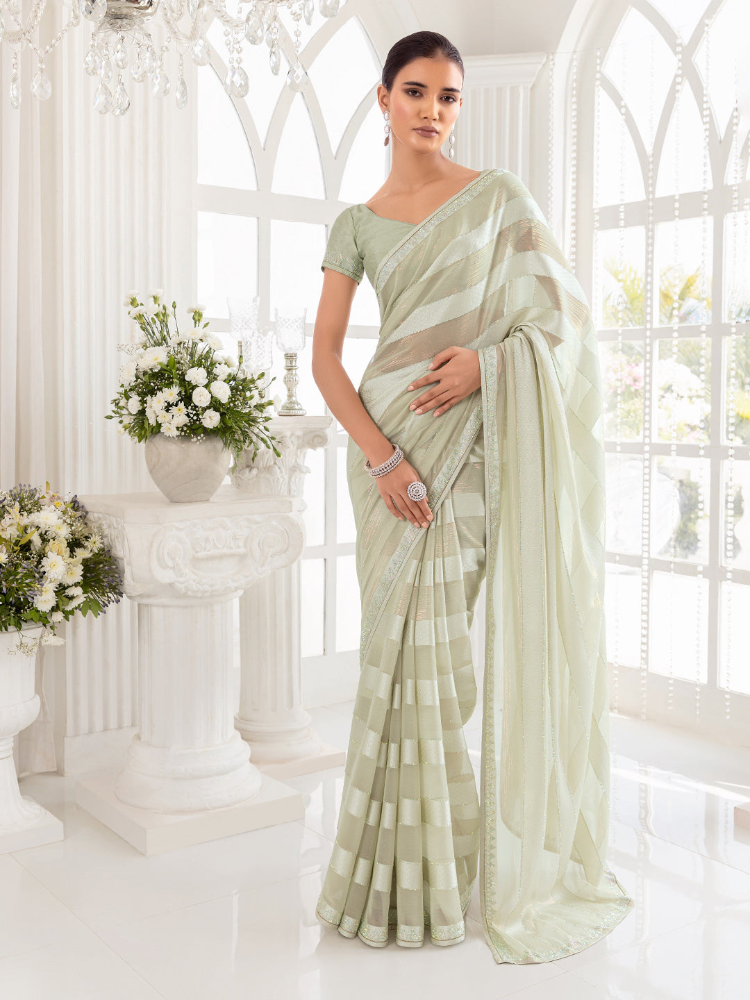 Soch Striped Embellished Zari Pure Georgette Saree - Distacart