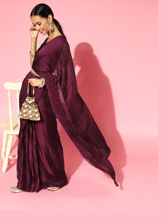 Saree Mall Burgundy Poly Georgette Party Wear Saree with Matching Blouse - Distacart