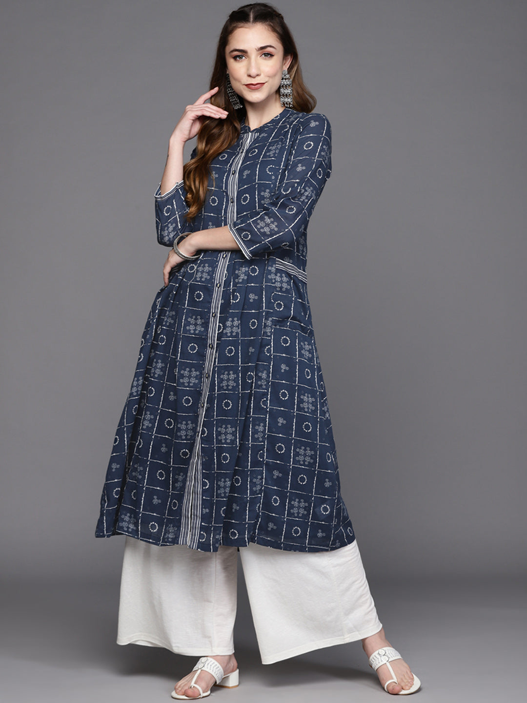 Biba Women Navy Blue & White Ethnic Motifs Printed Kurta with Inner - Distacart