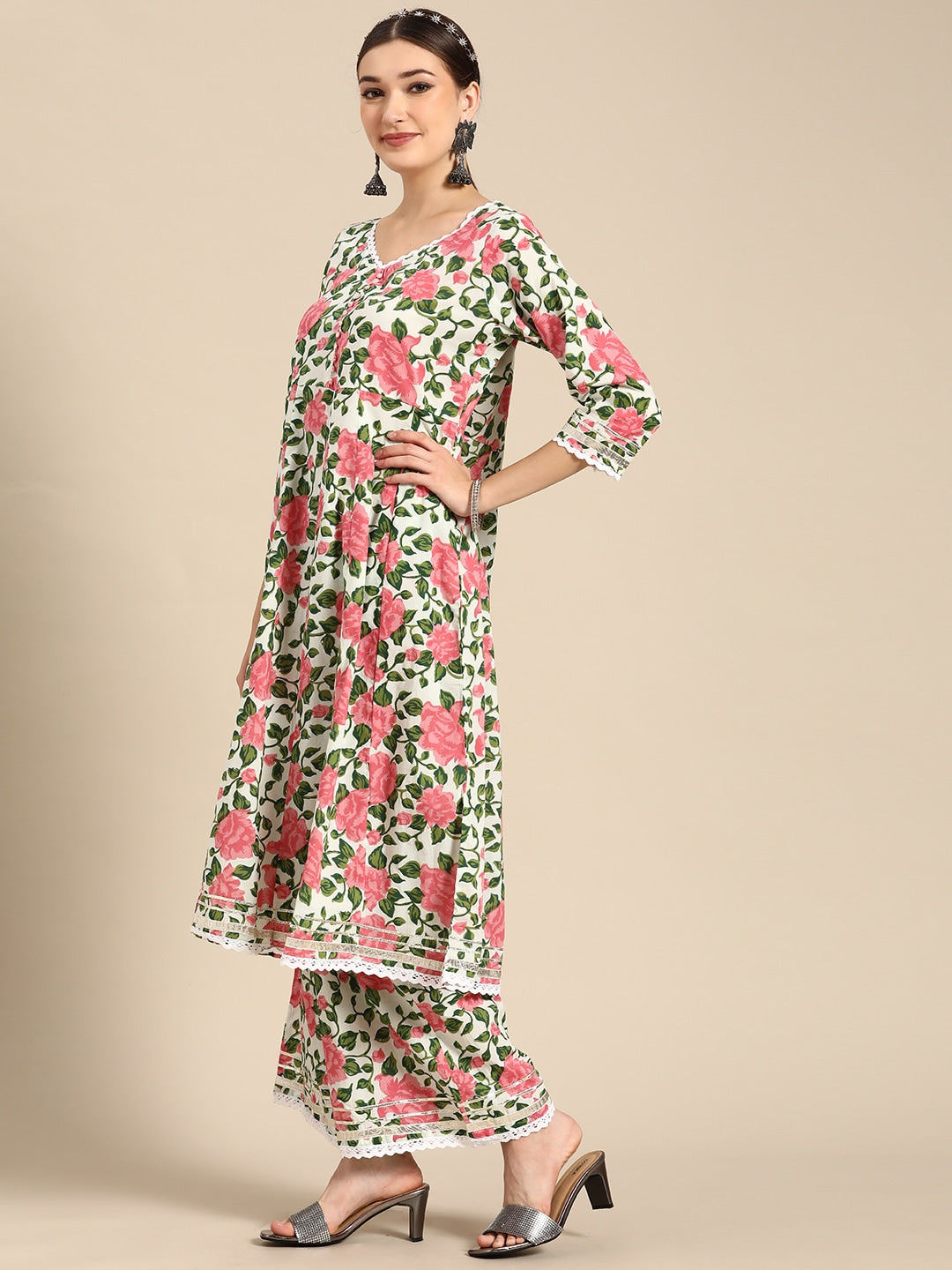 Sangria Women Pink Floral Printed Lace Inserts Pure Cotton Kurta with Sharara & Dupatta - Distacart