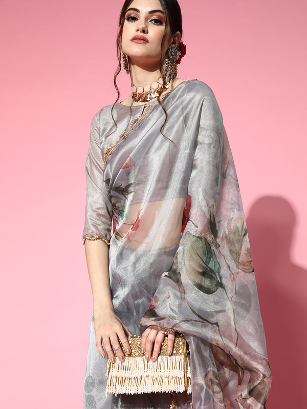 Tikhi Imli Grey Saree with Zari border - Distacart