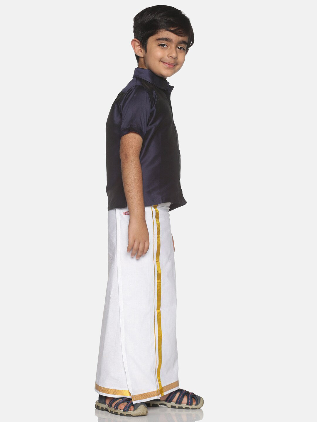 Sethukrishna Boys Navy Blue & White Solid Shirt and Veshti Set - Distacart
