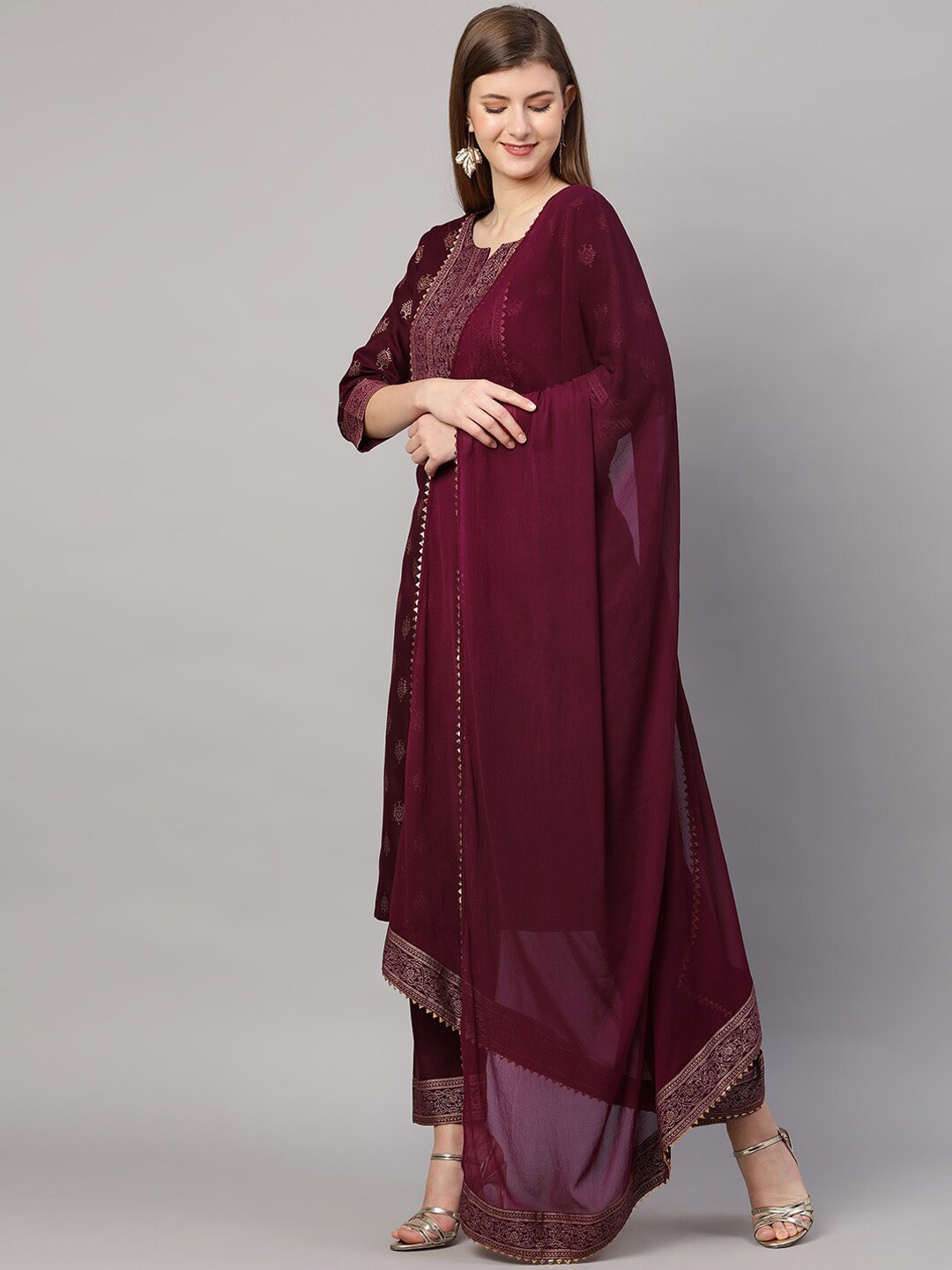 Kalini Women Maroon Ethnic Motifs Printed Kurta with Palazzo & Dupatta - Distacart
