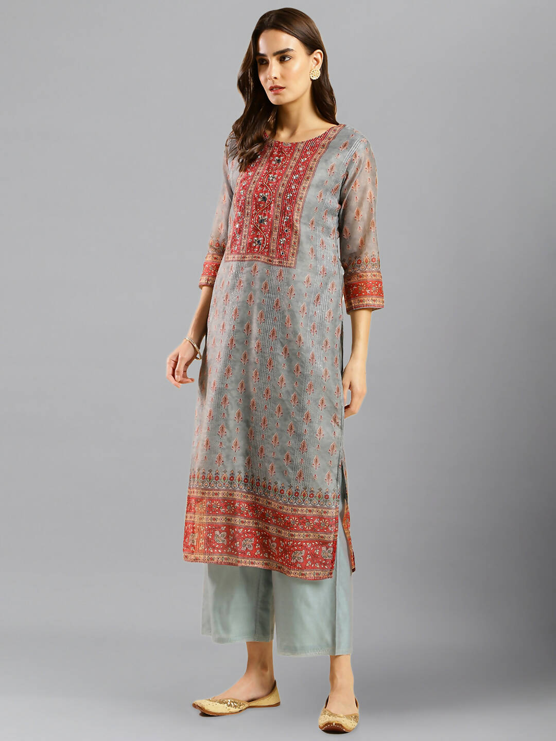 Grey Chinon Digital Printed With Hand Work Kurta - Himanshi - Distacart