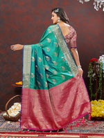 Thumbnail for Lorenvalley Fashion Teal Soft Silk Woven Design Zari Weaving Saree - Distacart