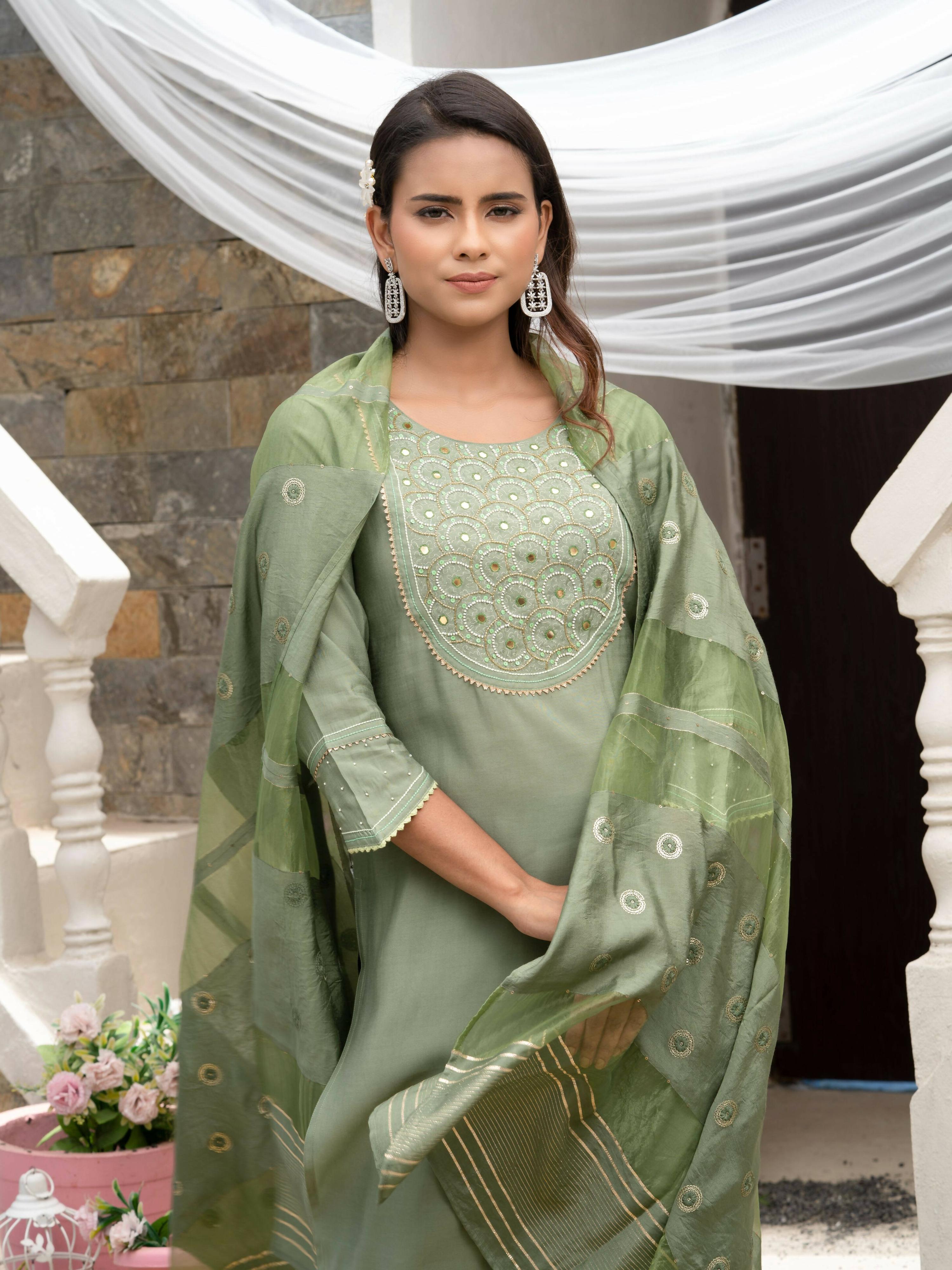 Green Roman Silk Plain Kurta with Pant & Dupatta - Disha - Distacart