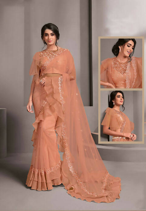 Pink Colored Net Embroidered Saree With Unstitched Blouse - Norita Raissa - Distacart