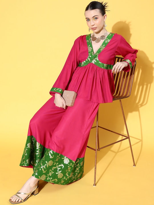 InWeave Women's Fuchsia Green Brocade Mughal Shaan Kurta Palazzo Set - Distacart