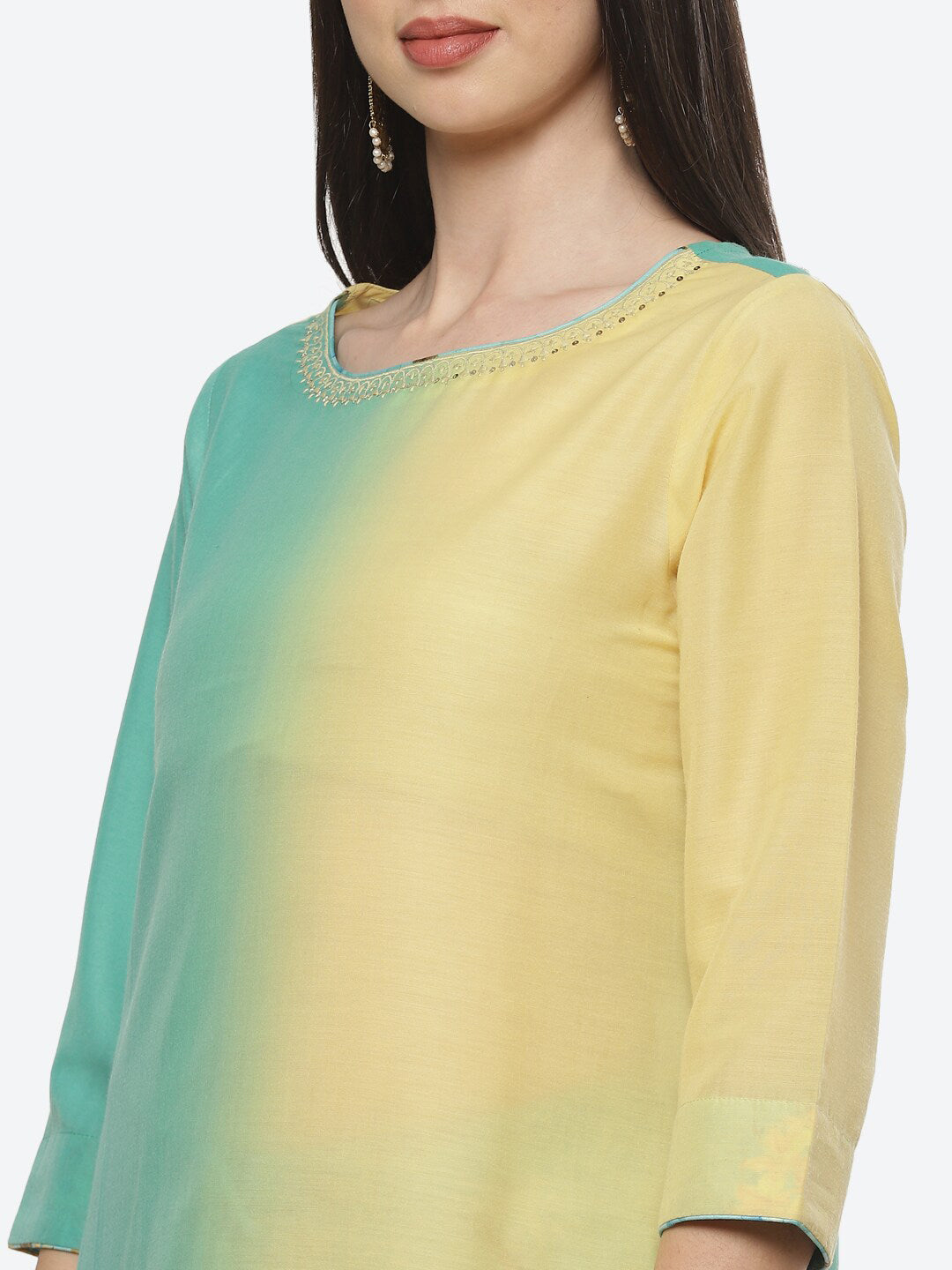 Biba Women Sea Green & Yellow Kurta with Trousers & Dupatta - Distacart