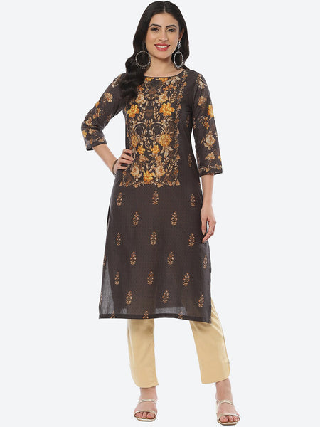 Biba Women Floral Printed Boat Neck Cotton Kurta - Distacart