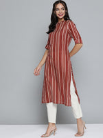 Thumbnail for HERE&NOW Women Rust Red & Off-White Pure Cotton Striped Keyhole Neck Straight Kurta - Distacart