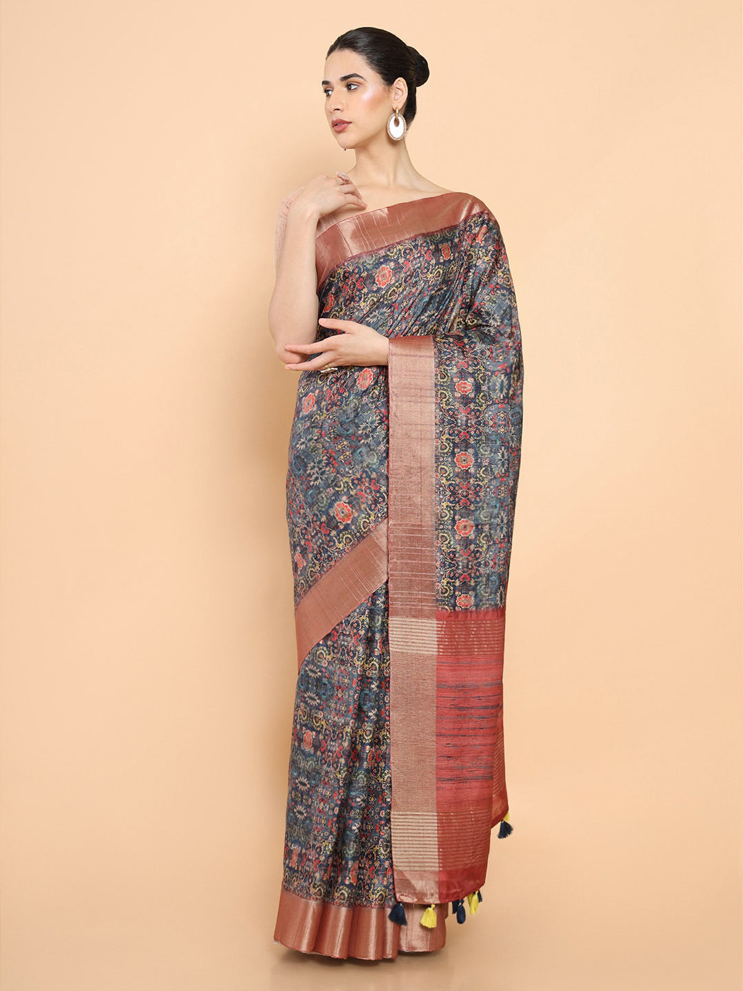 Soch Blue & Pink Floral Zari Silk Blend Ready to Wear Saree - Distacart