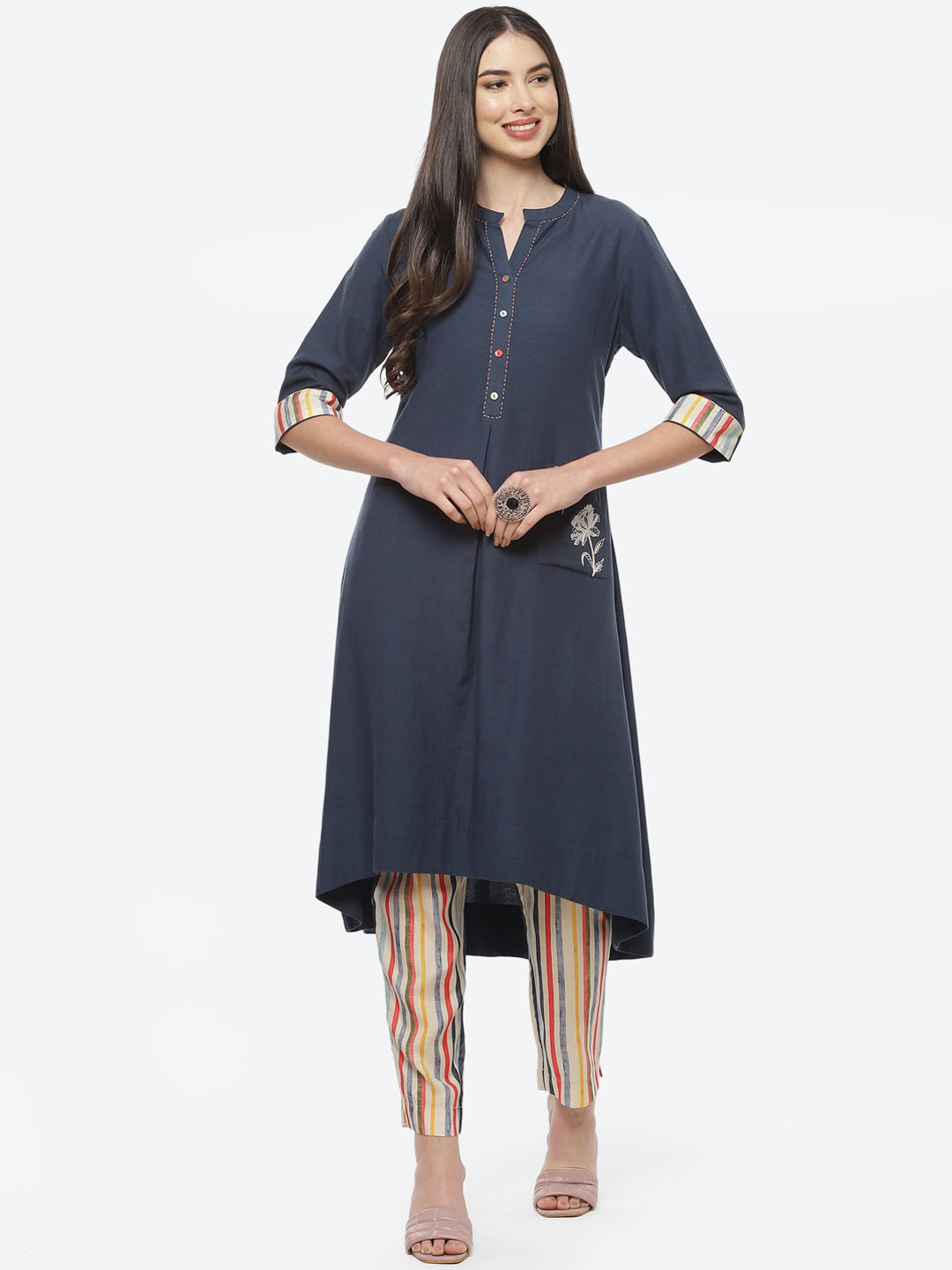 Biba Women Navy Blue & Beige Kurta with Trousers - Distacart