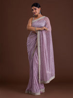 Thumbnail for Koskii Lavender & Gold-Toned Embellished Mirror Work Supernet Saree - Distacart