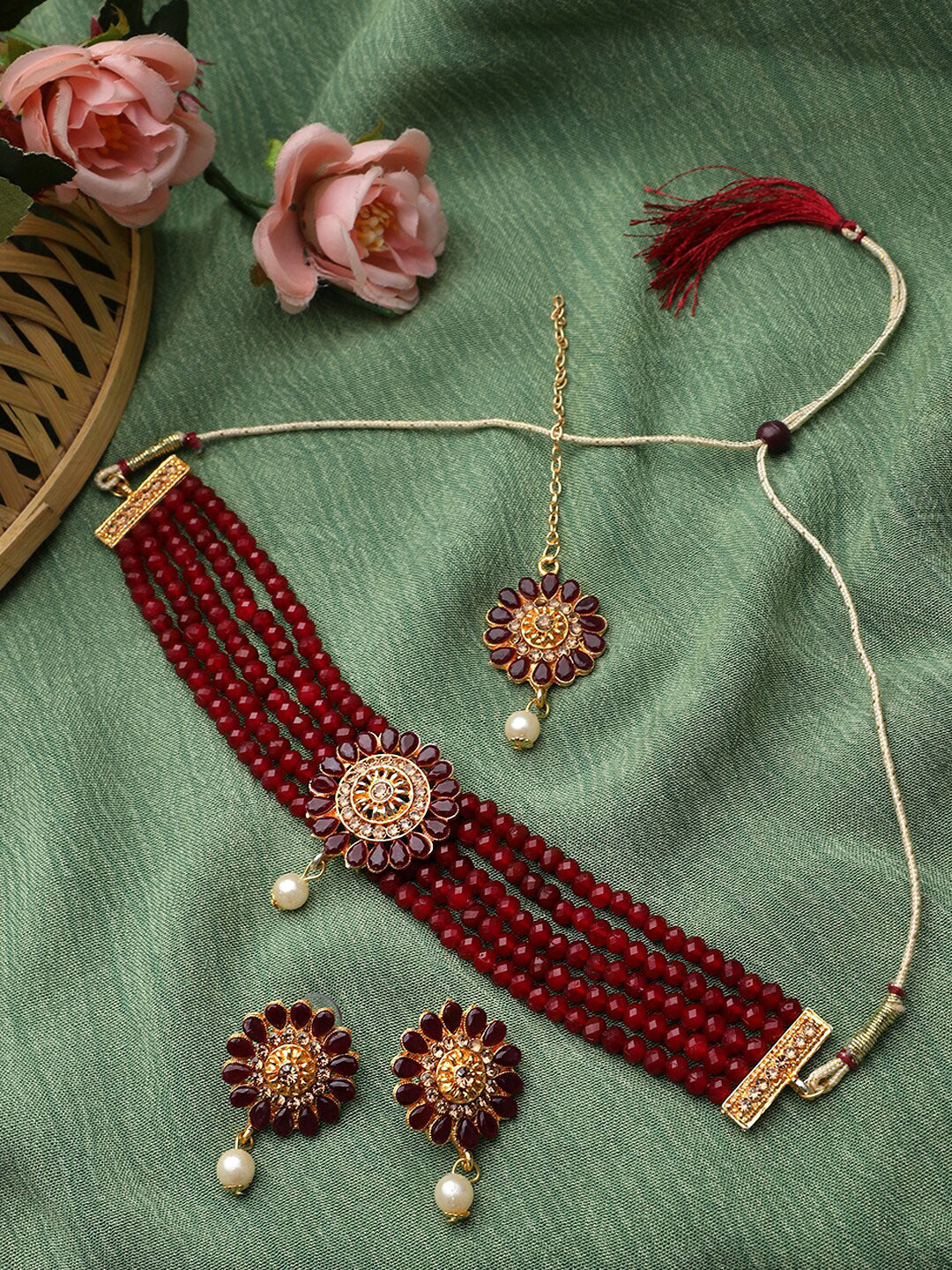 Cardinal Gold-Plated Maroon Onyx-Studded & Beaded Jewellery Set - Distacart