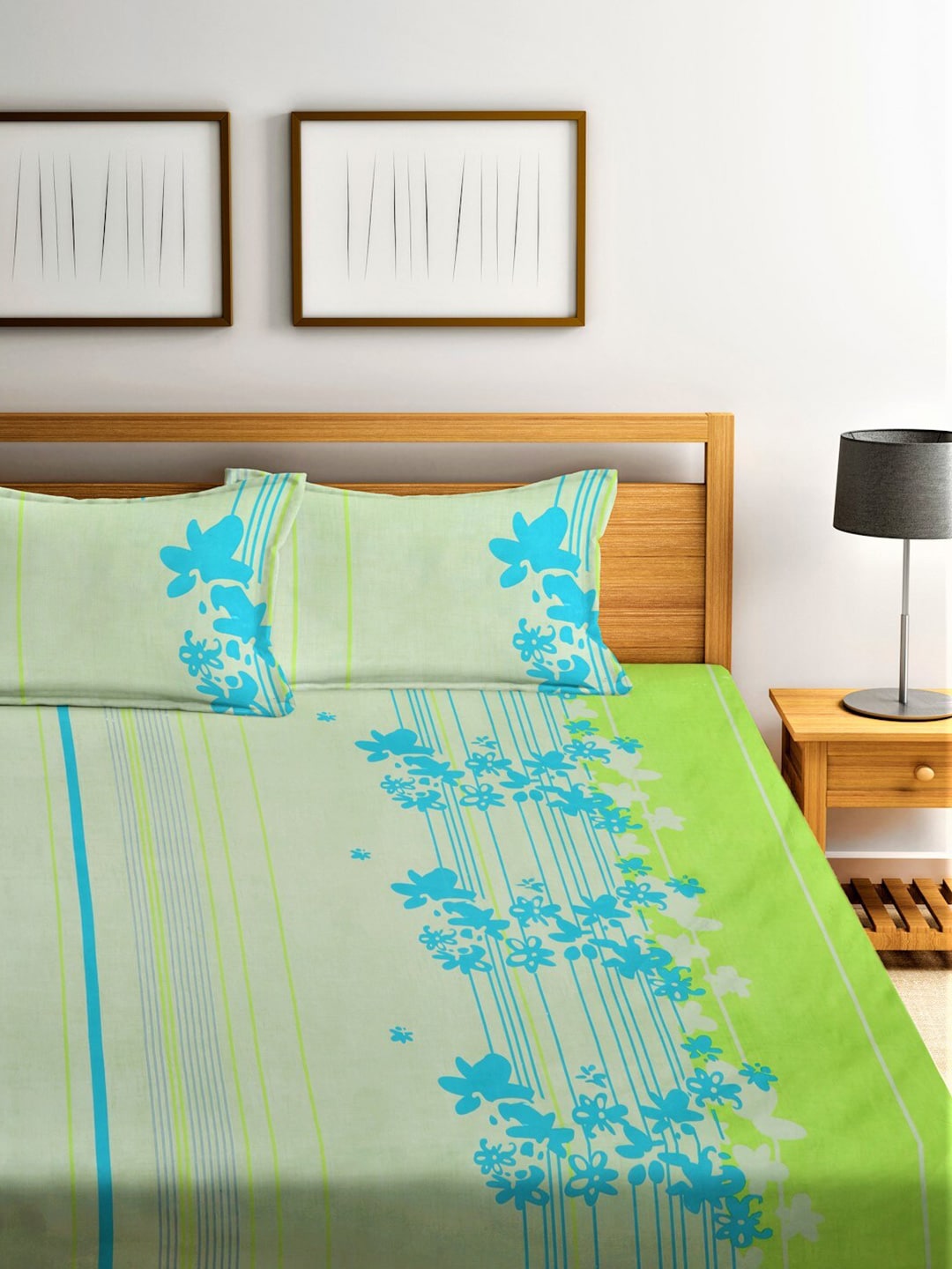 Home Sizzler Green & Blue Floral Cotton 210 TC Queen Bedsheet with 2 Pillow Covers - Distacart