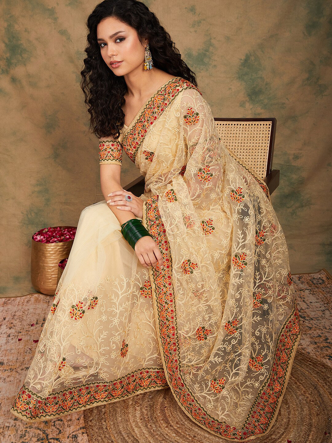 Sangria Yellow Beige Embroidered Net Sarees - Distacart