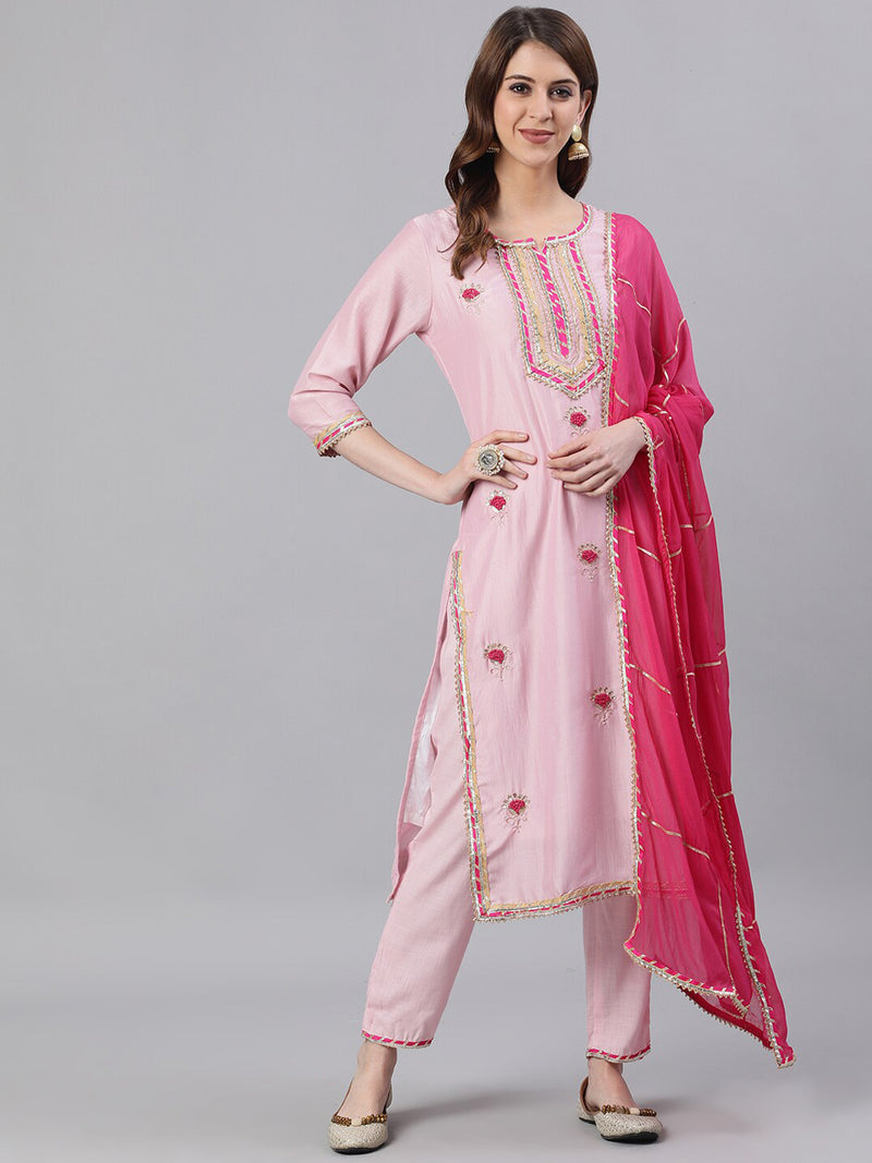 Ishin Women Pink Embroidered Kurta with Trousers &amp; Dupatta - Distacart