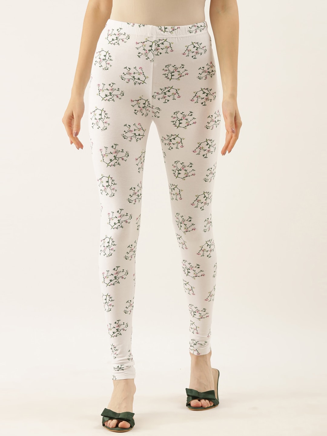 Souchii White & Green Printed Slim-Fit Ankle-Length Leggings - Distacart