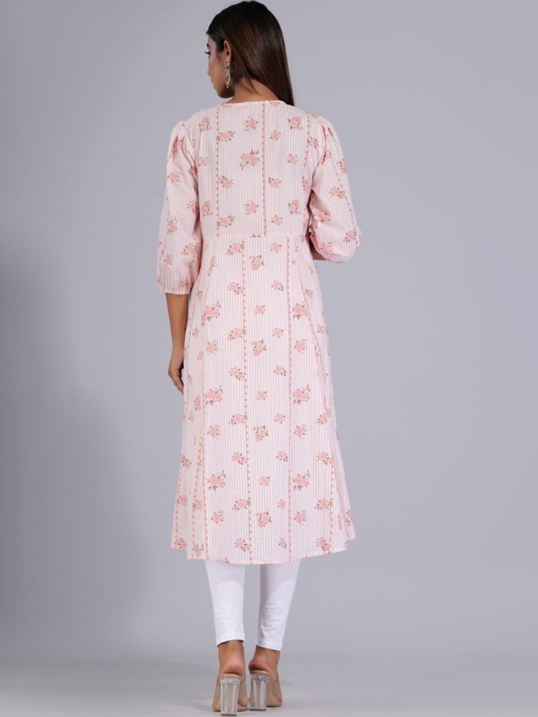 HERE&NOW Peach & White Floral Printed Tie-Up Neck Cotton A-Line Kurta - Distacart