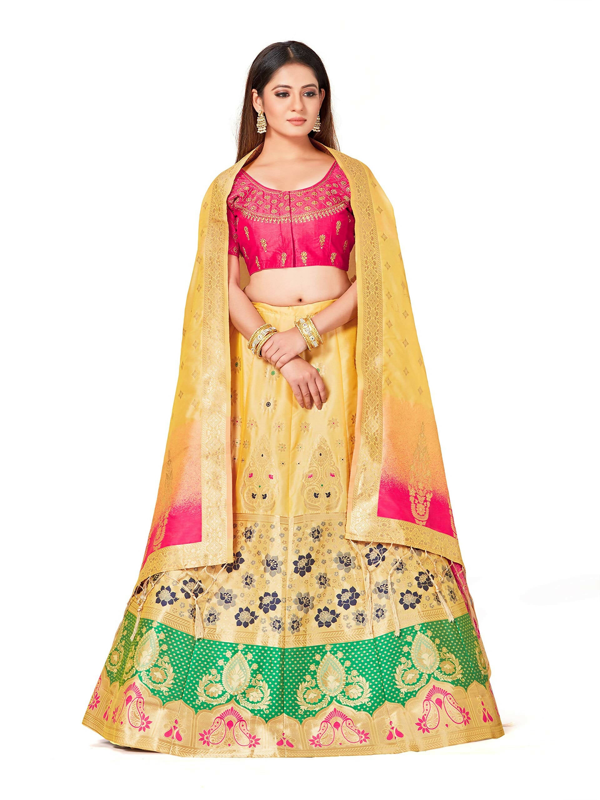 Mimosa Women's Semi-Stitched Art Silk Yellow Lehenga Choli with Dupatta - Distacart