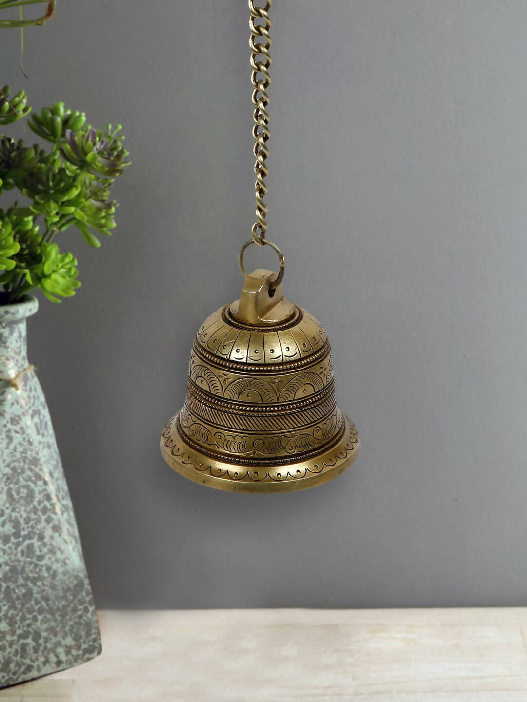 CraftVatika Gold-Toned Brass Hanging Bell with Attached Chain & Hook - Distacart