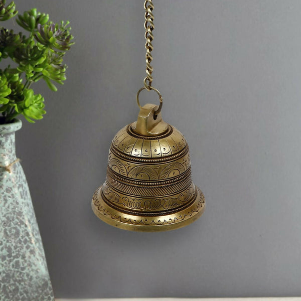 CraftVatika Gold-Toned Brass Hanging Bell with Attached Chain & Hook - Distacart