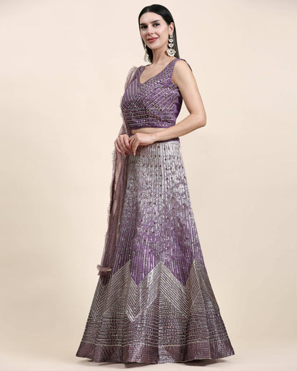 Lavender Organza Mirror With Coding Work Lehenga Choli with Dupatta - Tanya - Distacart