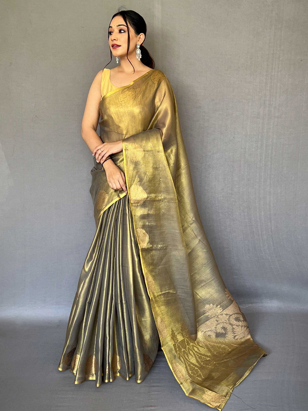 Mitera Gold-Toned Woven Design Zari Tissue Saree - Distacart