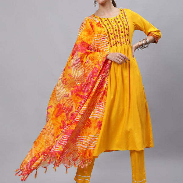 Jaipur Kurti Yellow & Red Yoke Design Mirror Work Women Kurta with Trousers & With Dupatta - Distacart
