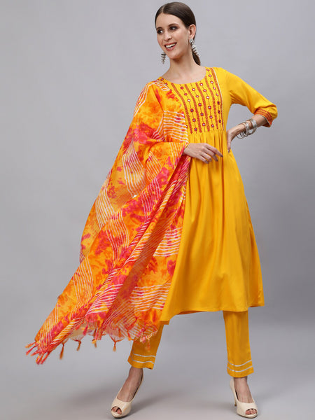 Jaipur Kurti Yellow & Red Yoke Design Mirror Work Women Kurta with Trousers & With Dupatta - Distacart