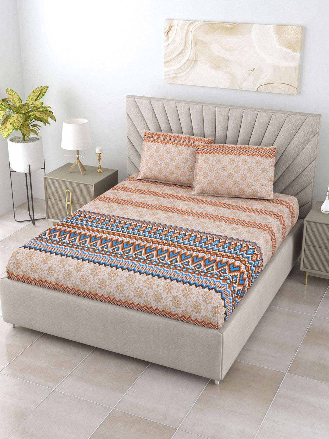 BOMBAY DYEING Brown & Blue Ethnic Motifs Cotton 250 TC King Bedsheet With 2 Pillow Covers - Distacart