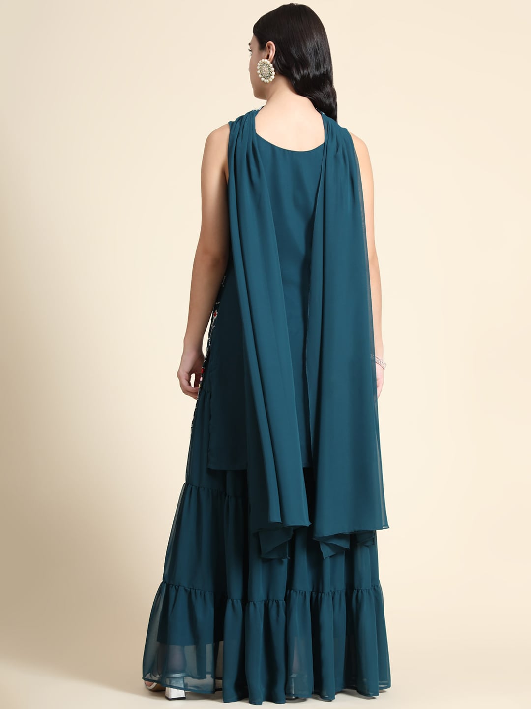 Kalini Women Teal Floral Embroidered Kurta with Sharara & Dupatta - Distacart